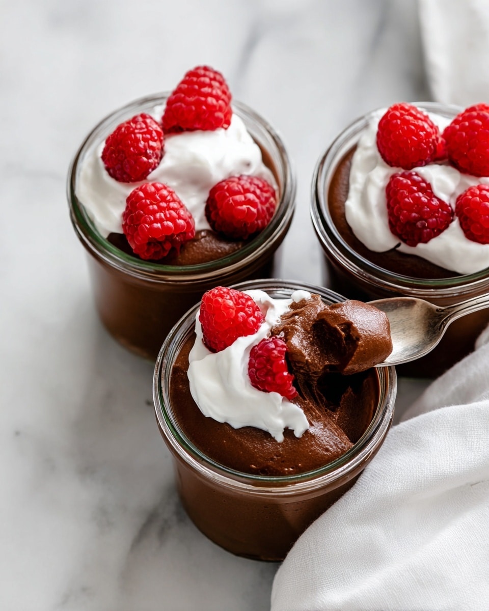 Three small glass jars each hold a smooth, thick dark brown chocolate mousse as the base layer. On top, there is a dollop of white whipped cream that spreads slightly over the mousse. Bright red raspberries rest partly on the whipped cream and partly on the mousse, adding a fresh, textured contrast. One jar has a spoon dipped into the mousse, lifting some up. The jars sit on a white marbled surface with a white cloth nearby. Photo taken with an iphone --ar 4:5 --v 7