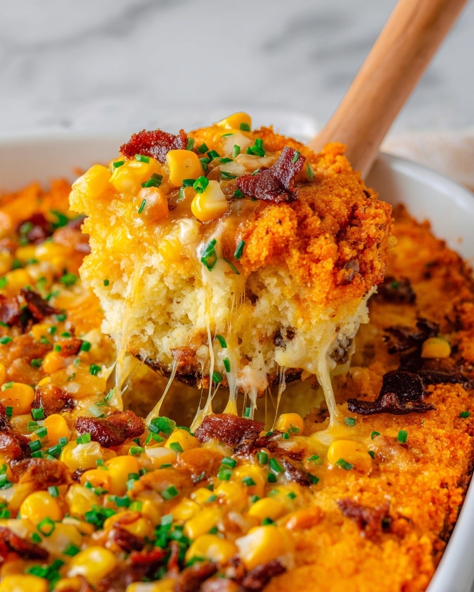 This dish shows a close-up of a layered casserole in a white dish on a white marbled surface. The bottom layer appears creamy and cheesy with melted, slightly browned cheese. Above it is a thick, soft, yellow and orange layer, which looks like a cornbread or mashed squash cake with a crispy orange topping, possibly crushed chips. Scattered on top and mixed inside are bright yellow corn kernels, dark crispy bacon pieces, and small green bits of chopped herbs or chives. A white wooden spoon is scooping out a dense serving, showing the mix of textures and colors with some melted cheese strings connecting the scoop to the casserole. Photo taken with an iphone --ar 4:5 --v 7