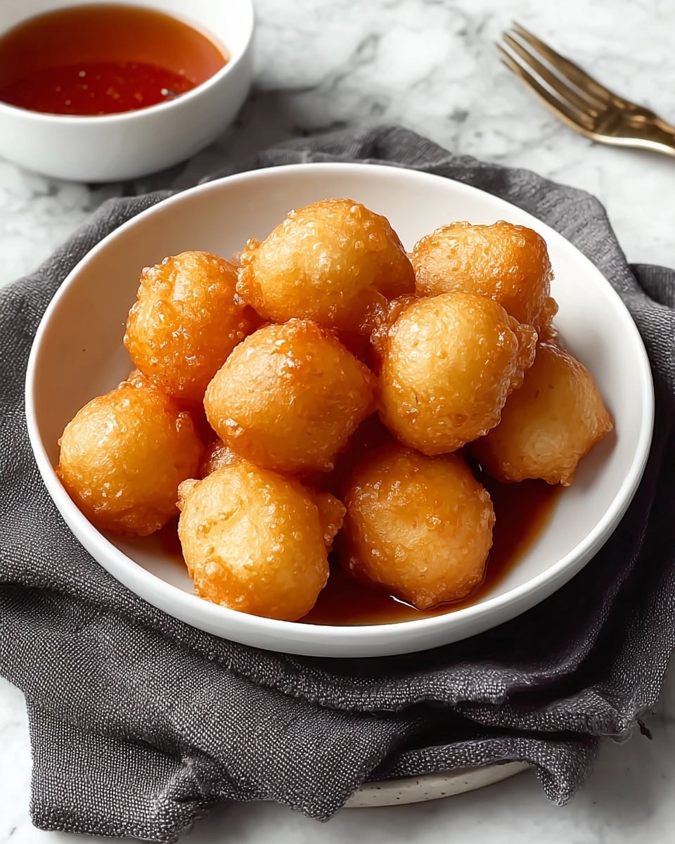 The image shows a white bowl with small, golden-brown fried dough balls piled in the center. The dough balls have a shiny, crispy outer layer with a soft, slightly puffed texture, and a few of them seem to have a lighter, fluffier inside visible. There is a layer of dark amber sauce beneath the dough balls, partially visible between them. The bowl is placed on folded dark grey cloths, all resting on a white marbled surface. In the upper left corner, there is a glimpse of a white bowl filled with a reddish-brown sauce. photo taken with an iphone --ar 4:5 --v 7