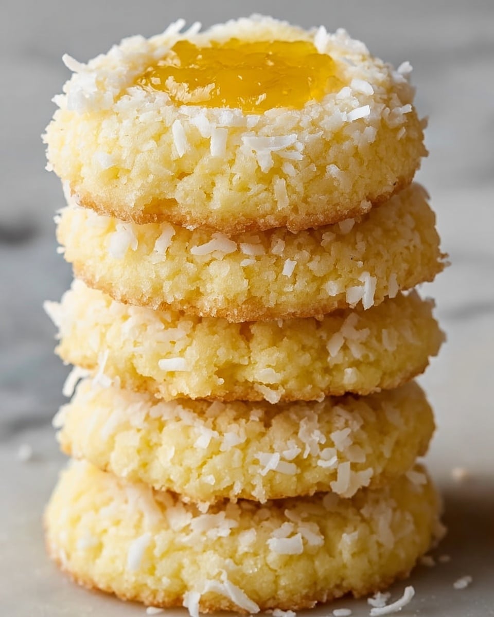 A close-up view of a stack of five round cookies with a soft, slightly crumbly texture. Each cookie is pale yellow with white shredded coconut sprinkled on top and around the edges. The top cookie has a smooth, shiny, golden yellow jam or jelly filling in the center, visible through a round indentation. The cookies are stacked unevenly on a white marbled surface, showing the light brown baked edges. Photo taken with an iphone --ar 4:5 --v 7