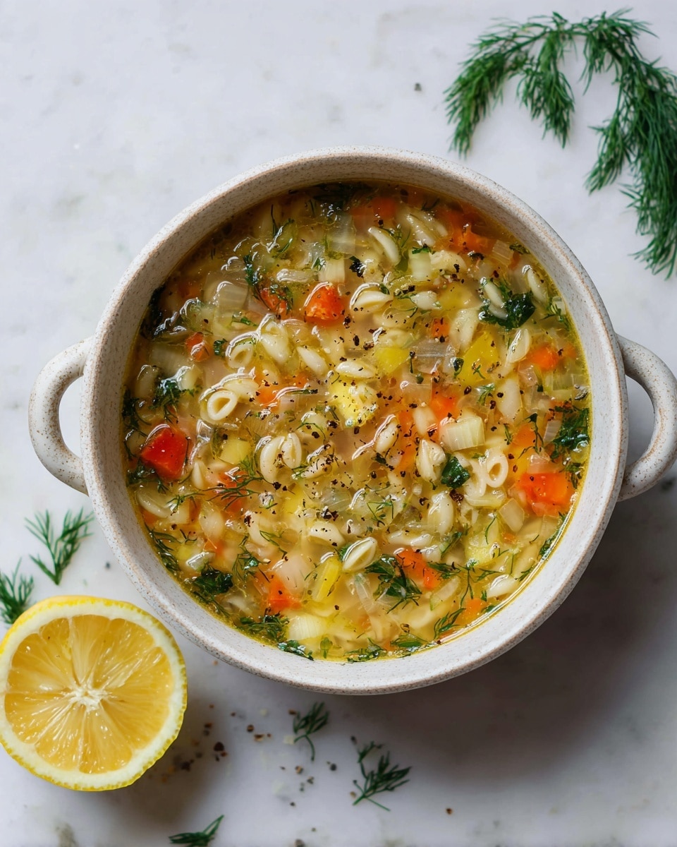 A white round bowl with two handles holds a clear broth soup filled with small white pasta pieces, diced yellow and orange vegetables, and green herbs sprinkled on top, with visible seasoning like black pepper. Around the bowl is a white marbled surface with a halved lemon in the lower left corner and scattered sprigs of fresh dill near the bowl. The soup looks warm and fresh, with the herbs lightly floating on the surface, giving it a colorful and inviting look. photo taken with an iphone --ar 4:5 --v 7