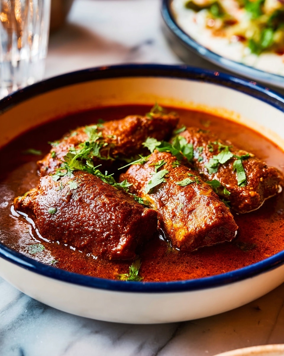 There are four brown rolled meat pieces covered in a thick reddish-brown sauce inside a white bowl with a dark blue rim. The surface of the meat is textured and slightly crispy, sprinkled with small green herb leaves. The bowl sits on a white marbled texture, and part of a white plate with food is blurred in the background. photo taken with an iphone --ar 4:5 --v 7