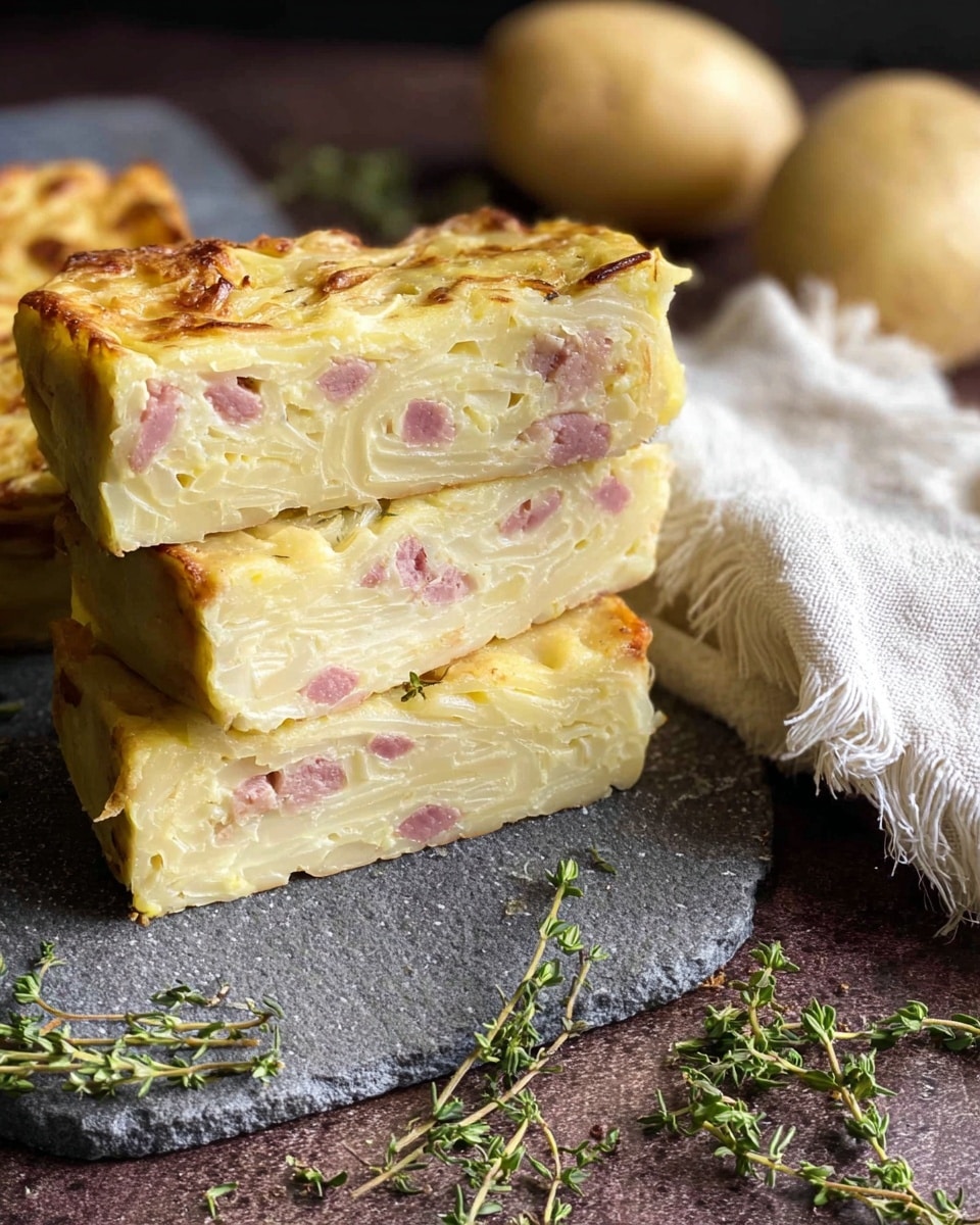 The image shows three thick slices of a creamy, pale yellow baked dish with visible pieces of pink ham or bacon and soft onion strands spread evenly inside. The slices have a slightly browned, textured crust on the edges and top. They rest on a dark gray stone slab, with small green thyme sprigs and a white cloth with fringes placed nearby. In the background, two whole light brown potatoes and a white cloth add context. The overall look is warm and rustic, with soft lighting highlighting the dish’s smooth and dense texture. Photo taken with an iphone --ar 4:5 --v 7