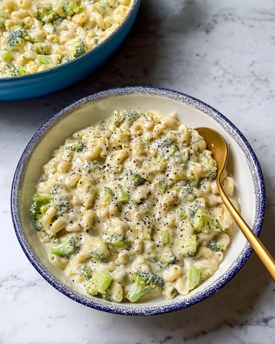 The image shows a white bowl with a blue rim filled with creamy pasta mixed with small pieces of green broccoli. The pasta is coated in a thick, white sauce with a smooth texture, and black pepper is sprinkled on top throughout the dish. A gold spoon is placed inside the bowl on the right side, partially submerged in the pasta. In the background, there is a blue pot also filled with the same creamy pasta and broccoli mixture, placed on a white marbled surface. The dish looks warm and creamy, with small layers made by the pasta, broccoli, and sauce combining closely together. photo taken with an iphone --ar 4:5 --v 7