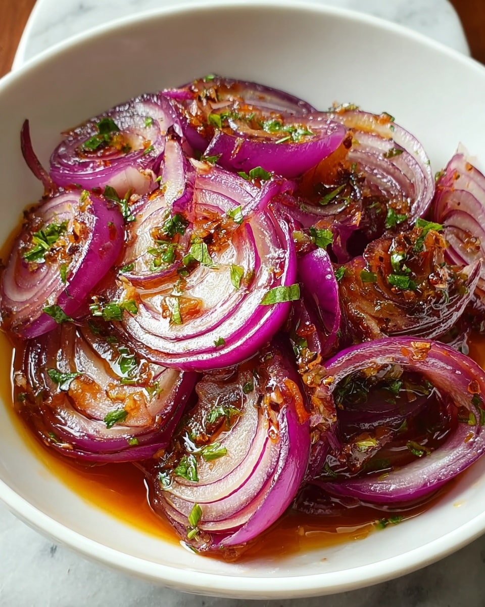 The image shows a white bowl filled with cooked red onion slices layered unevenly, each slice showing a glossy texture with a mix of translucent white and deep purple colors. The onions are coated in a shiny, oily sauce with a reddish-brown tint. Small green herb pieces are scattered over the onions, adding a fresh contrast. The sauce pools slightly at the bottom of the bowl, creating a rich, appetizing look. The photo is taken on a white marbled surface. photo taken with an iphone --ar 4:5 --v 7