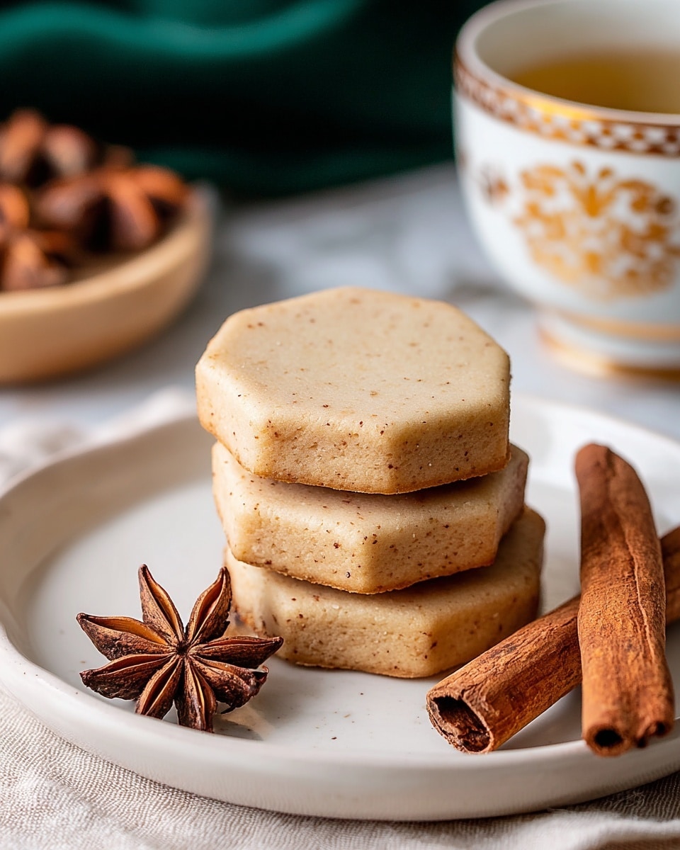 A stack of three light brown, hexagon-shaped cookies with a smooth texture and tiny specks sits centered on a white plate, slightly tilted to show the layers. The cookies have crisp edges and appear soft yet firm. To the left of the stack, a whole star anise is resting on the plate. In front of the plate, two cinnamon sticks lie crossed on a white textured cloth. The blurred background includes a white cup with intricate golden brown patterns and more star anise. The setup is on a white marbled surface. photo taken with an iphone --ar 4:5 --v 7