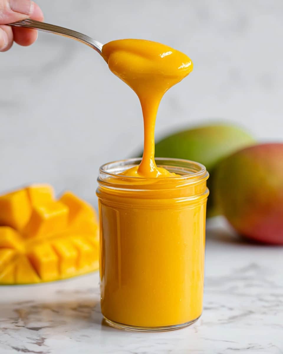 A clear glass jar filled with thick, bright orange mango puree. A woman's hand holds a spoon above the jar, lifting a smooth, glossy spoonful of the puree that drips slightly back into the jar. The background shows blurred pieces of fresh mango and a green mango on a white marbled surface. The scene is bright and clean, focusing on the rich texture and vivid color of the mango puree. photo taken with an iphone --ar 4:5 --v 7