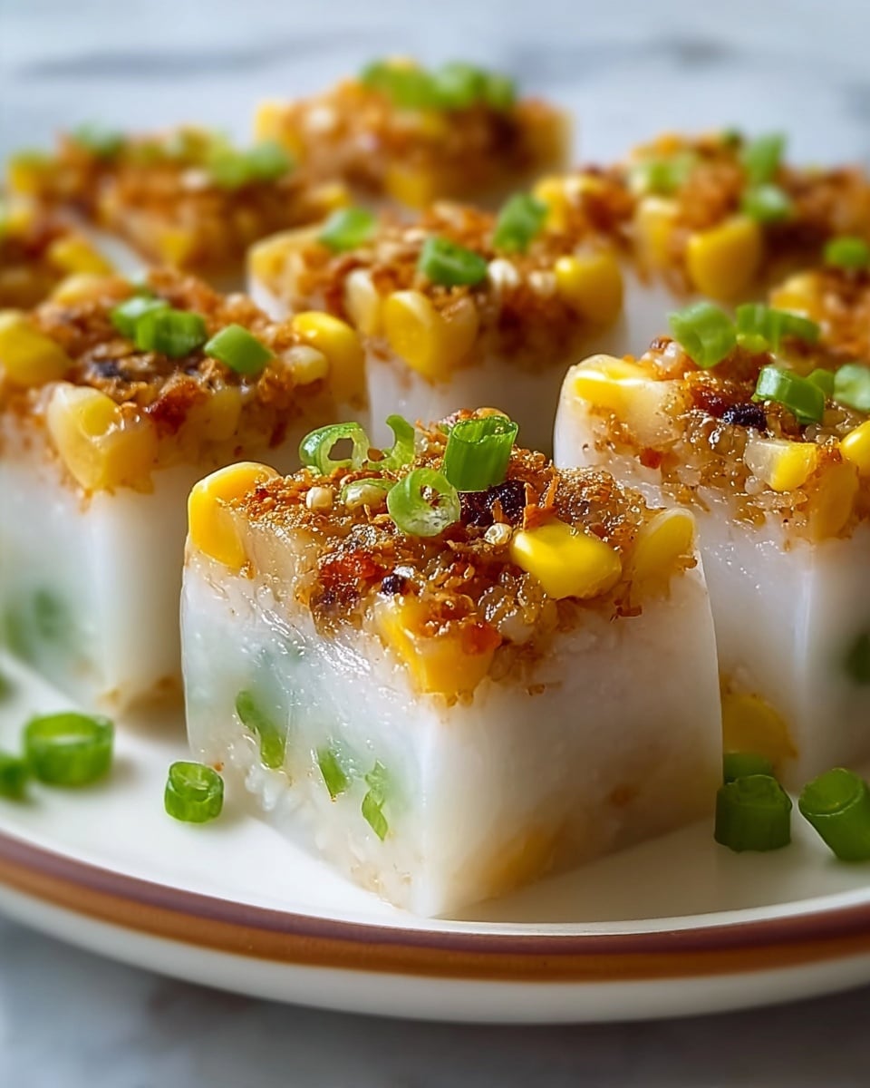 The image shows a close-up of several pieces of translucent rice rolls cut into thick square shapes and arranged on a white plate with a thin brown border. Each piece has three layers: the outer layer is a shiny, soft white rice sheet, the middle layer is sticky white rice, and the top layer is a mix of golden yellow corn kernels, crispy brown small bits, and green chopped scallions. The pieces are neatly aligned, and extra green scallions are scattered on the plate. The overall setting is on a white marbled texture. photo taken with an iphone --ar 4:5 --v 7