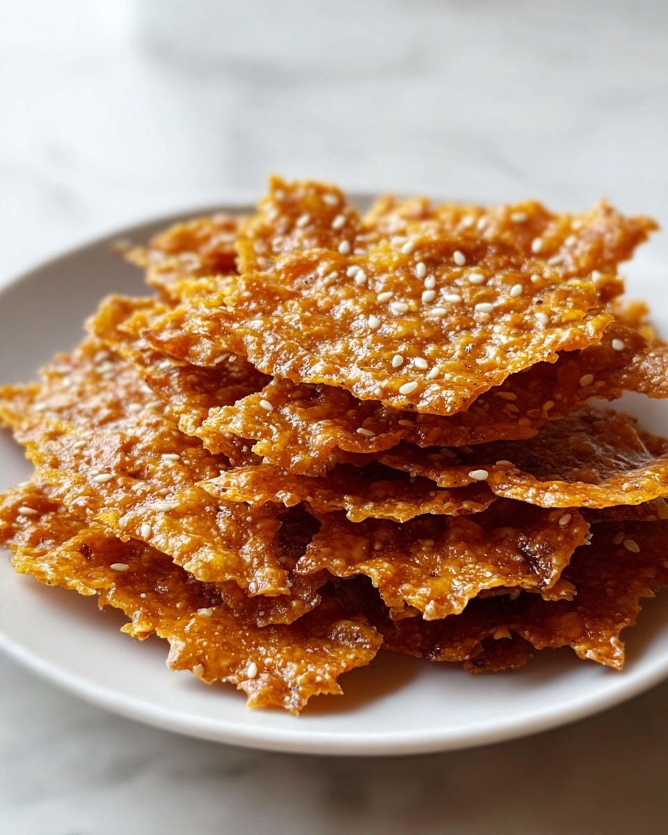 A white plate holds a pile of thin, crispy golden brown crackers with a rough, bumpy texture accentuated by small white sesame seeds scattered throughout. The crackers are irregularly shaped with jagged edges, stacked unevenly to show multiple layers. The light catches the shiny, slightly oily surface, highlighting the crunchy texture. The background is a white marbled texture, softly blurred to keep the focus on the crackers. photo taken with an iphone --ar 4:5 --v 7