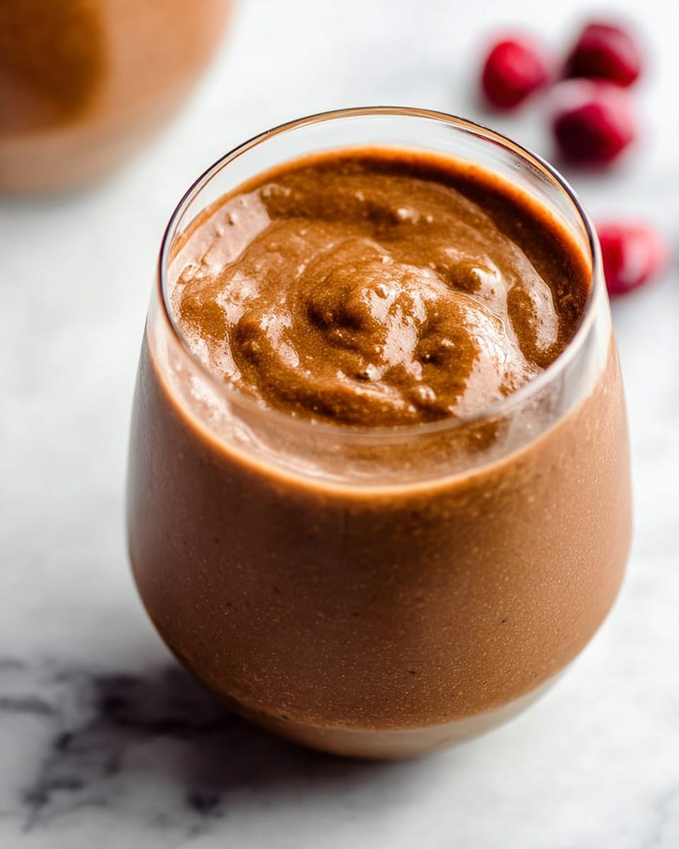 A close-up of a thick brown smoothie with a creamy texture fills a clear glass with a wide top and narrow base. The surface of the smoothie shows swirls and small lumps, indicating it is rich and dense. In the background, there are a few out-of-focus red berries scattered on a white marbled surface. The overall setting is bright and clean, with the smoothie as the main focus. photo taken with an iphone --ar 4:5 --v 7