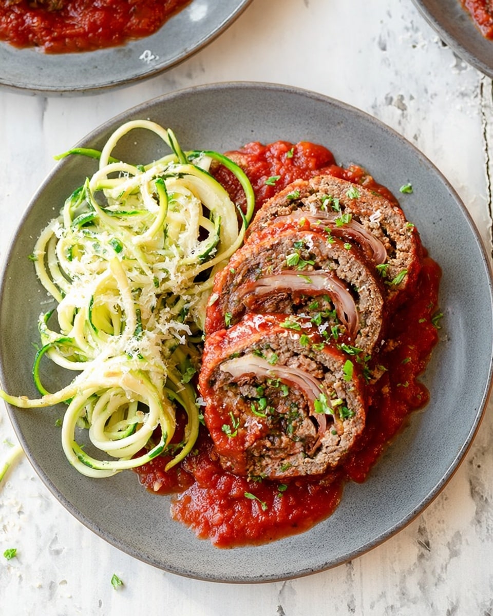 A gray plate holds a thick slice of rolled meatloaf with visible layers of ground meat, green herbs, and slices of ham or similar meat inside, sitting on a bed of chunky red tomato sauce. To the left of the meatloaf there are spiralized pale green and white zucchini noodles, lightly coated and mixed with small bits of green herbs. The dish is sprinkled with grated cheese and chopped green herbs on top. The plate is placed on a white marbled textured surface, with part of another similar plate visible at the top right. photo taken with an iphone --ar 4:5 --v 7