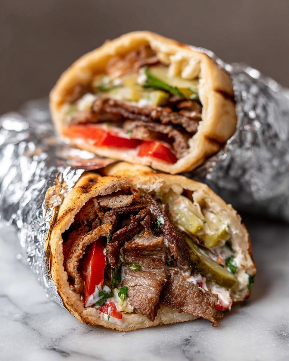 A close-up of two gyros wrapped in shiny foil, placed on a white marbled surface, with the front gyro cut open showing layers inside. The outer layer is a warm, lightly toasted pita bread with soft, slightly rough texture and golden color. Inside, there is a layer of grilled, dark brown thin meat strips with charred edges, followed by bright red tomato slices, pale green pickles, and a mix of creamy white sauce with tiny specks of herbs. The ingredients are packed tightly, giving a fresh and juicy look with slightly oily spots. Photo taken with an iphone --ar 4:5 --v 7