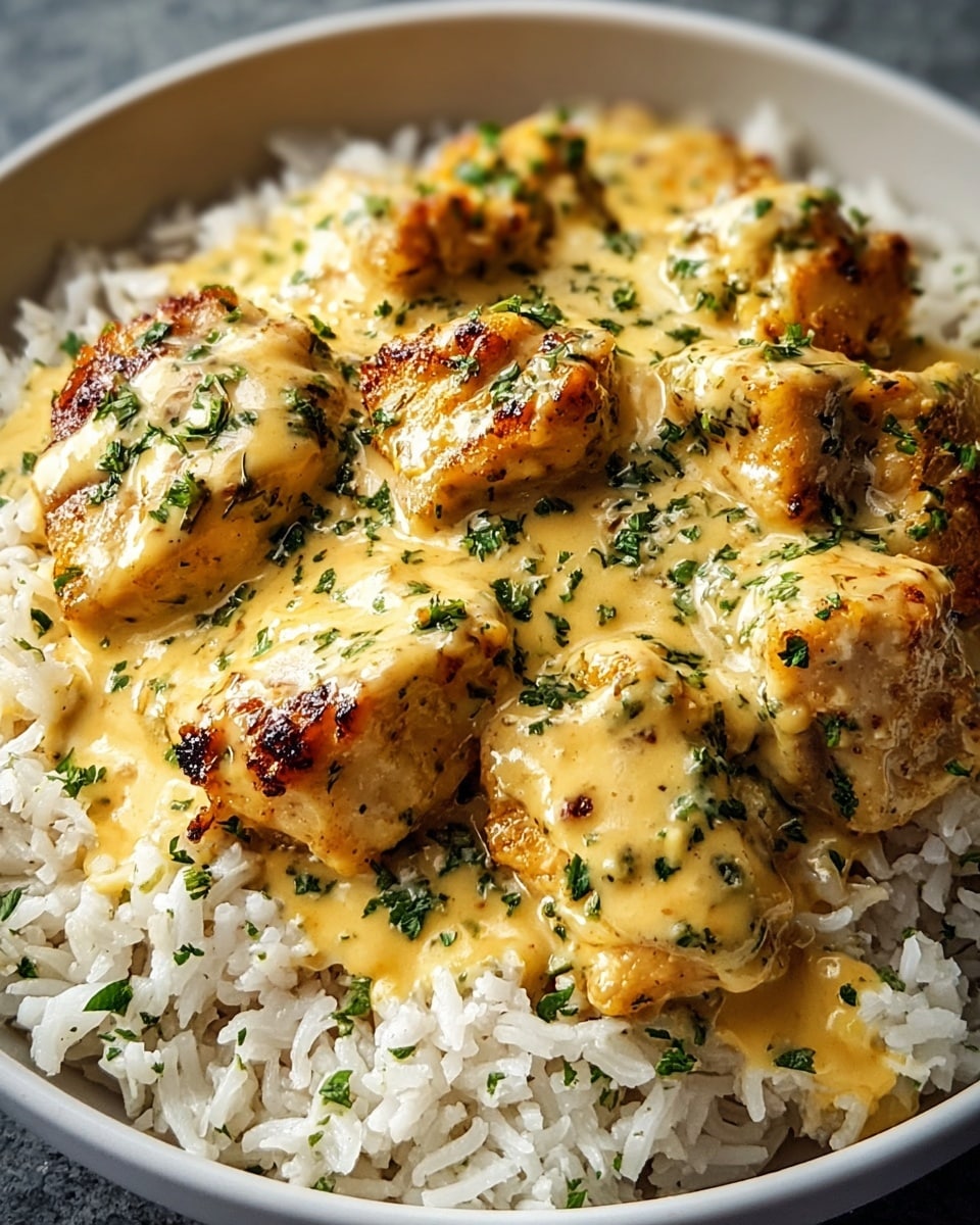 A white bowl filled with a base layer of fluffy white rice with visible grains, topped with golden brown grilled chicken pieces covered in a thick, creamy yellow sauce sprinkled generously with finely chopped green herbs. The chicken has a slightly crispy texture on the edges, and the sauce looks smooth and rich, evenly coating the chicken and some parts of the rice beneath. photo taken with an iphone --ar 4:5 --v 7