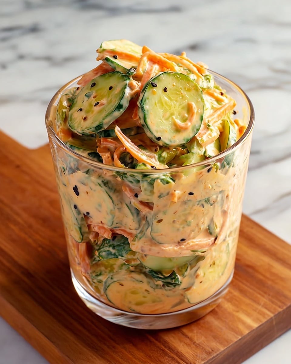 A clear glass filled with a creamy salad containing layers of light green cucumber slices, thin orange carrot strips, and some green leafy bits. The salad is mixed with a thick, pale orange sauce that coats all the ingredients, with small black seeds scattered throughout. The glass is placed on a brown wooden board, and the background shows a white marbled texture. photo taken with an iphone --ar 4:5 --v 7