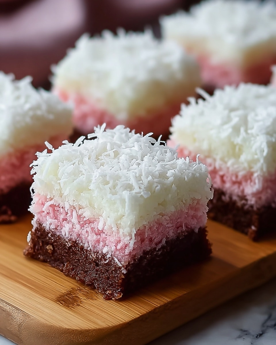 The image shows square dessert pieces each with three distinct layers on a wooden board. The bottom layer is dark brown with a moist, cake-like texture. The middle layer is white and fluffy, looking soft and creamy. The top layer is light pink and covered generously with white shredded coconut, adding a rough texture. Multiple pieces are arranged close to each other, slightly out of focus in the background. The surface underneath is changed to a white marbled texture. photo taken with an iphone --ar 4:5 --v 7