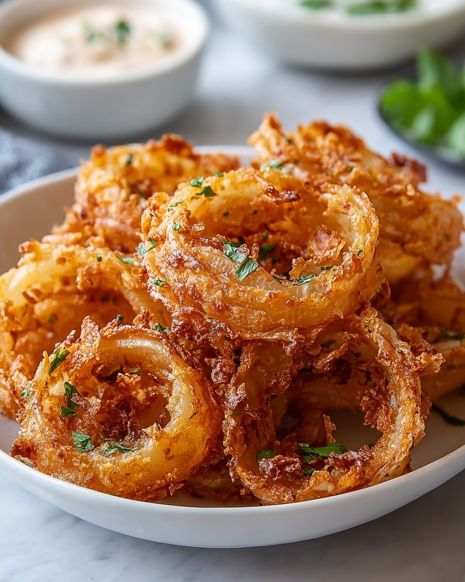A white bowl filled with many golden-brown, crispy onion rings with a crunchy texture and small bits of green herbs sprinkled on top, giving a fresh look; the onion rings are layered closely together, some with darker browned edges showing a perfect fry; in the background, there are blurred white bowls with dips and green garnish placed on a white marbled surface. photo taken with an iphone --ar 4:5 --v 7