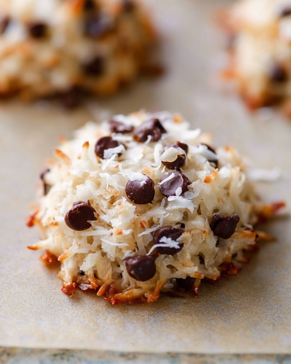 A close-up view of a single, round, small cookie made mostly of shredded white coconut with scattered dark brown chocolate chips throughout. The cookie has a rough, textured surface with some toasted golden brown edges, giving it a slightly crispy look. It sits on a beige parchment paper which rests on a white marbled texture background. Another similar cookie is blurred in the background, highlighting the focus on the front cookie. photo taken with an iphone --ar 4:5 --v 7