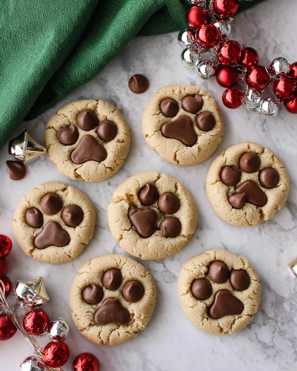 Seven round cookies are arranged on a white marbled surface. Each cookie has a beige, slightly cracked textured base with three small chocolate chips placed at the top and one large chocolate candy in the center, giving a paw print look. To the top right, there is a circle made of red and silver jingle bells, while a green cloth is draped softly on the upper left side. The overall look is bright and cozy, highlighting the warm colors of the cookies against the clean marble background. photo taken with an iphone --ar 4:5 --v 7
