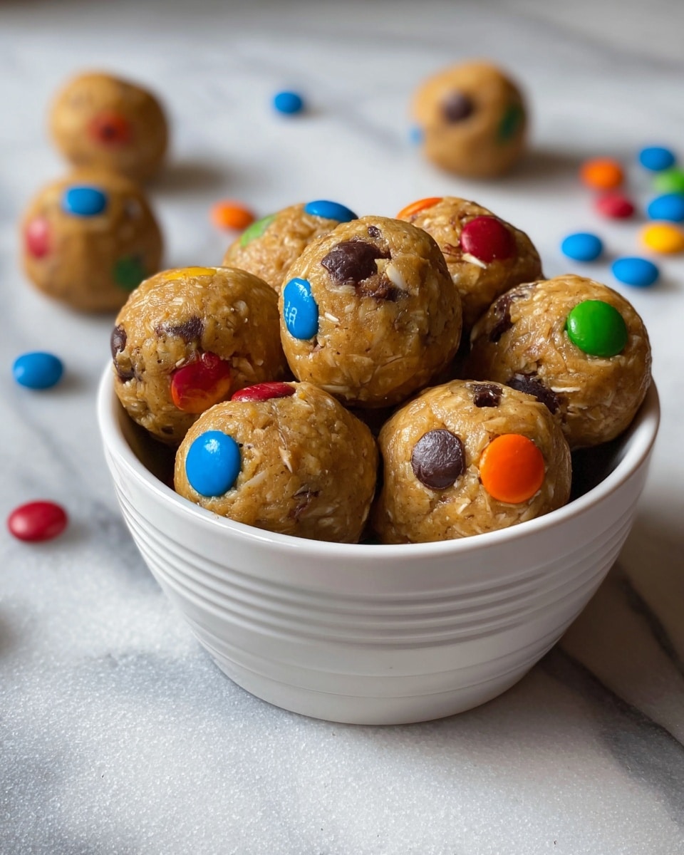The image shows a white bowl filled with about ten round energy balls made of a golden-brown dough mixed with small chocolate chips and oats. Each ball is decorated with colorful candy pieces embedded in the surface, including blue, red, green, orange, and yellow. In the background, three more energy balls with similar candy decorations rest on a white marbled surface along with scattered candy pieces. The texture of the balls looks slightly rough but soft, and the bowl has a smooth, ribbed design on the outside. Photo taken with an iphone --ar 4:5 --v 7