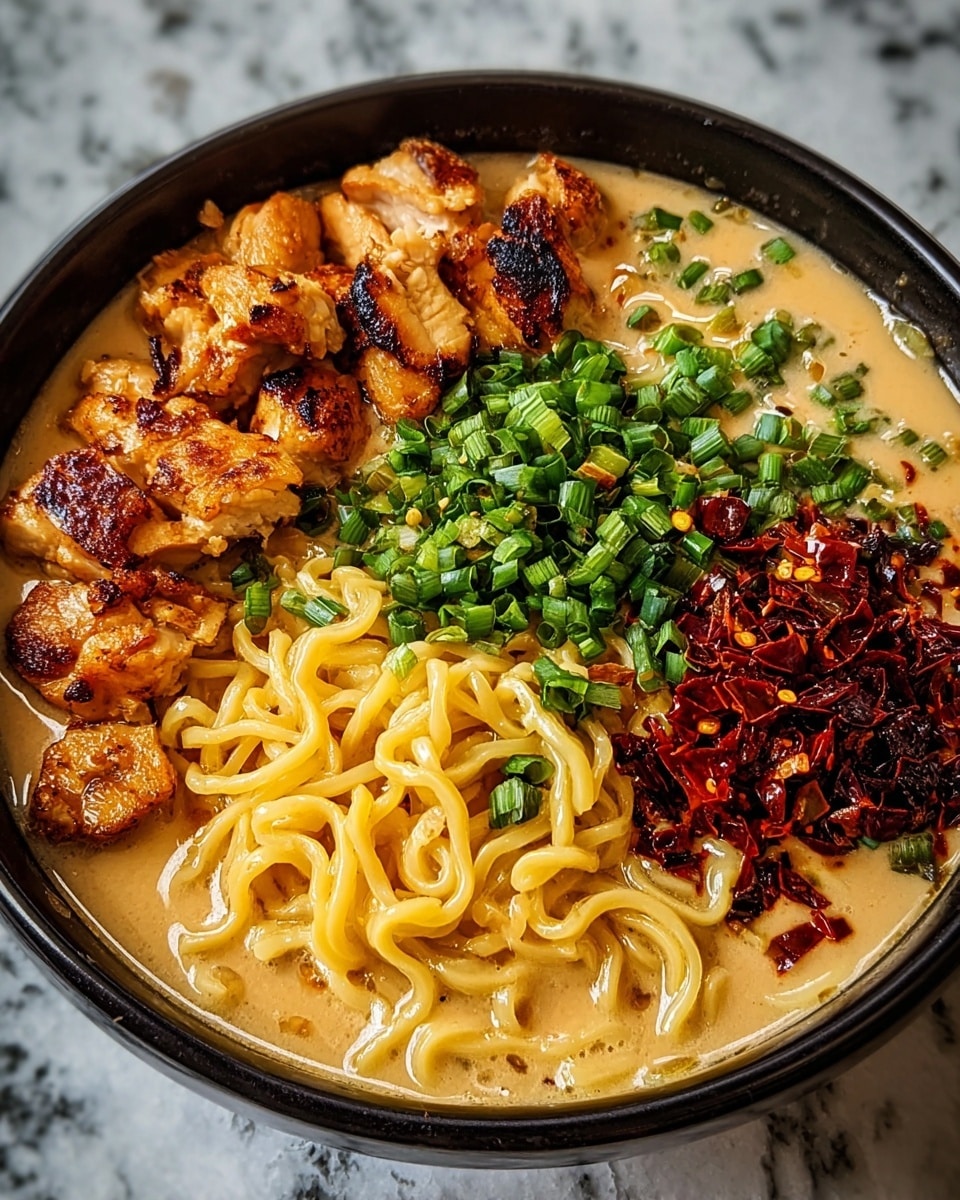 A black bowl filled with creamy light brown broth at the bottom, topped with three main sections arranged side by side: on the left, grilled chicken pieces with a golden brown, slightly charred texture; in the middle, thick, curly yellow noodles with fresh green chopped scallions sprinkled on top; on the right, a pile of dark red chili flakes mixed with small green pieces. The bowl sits on a white marbled texture. Photo taken with an iphone --ar 4:5 --v 7