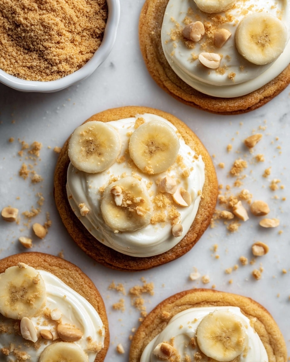 The image shows soft round cookies placed on a white marbled surface. Each cookie has a base layer of golden-brown dough with a slightly darker edge. On top is a generous dollop of creamy white frosting, textured with small peaks. The frosting is decorated with thin banana slices and small peanut pieces, adding pale yellow and tan colors. Light brown crumbs are sprinkled over the frosting and scattered around the cookies, creating a crumbly texture contrast. A small white bowl filled with more crumbs is partly visible in the top left corner. Photo taken with an iphone --ar 4:5 --v 7