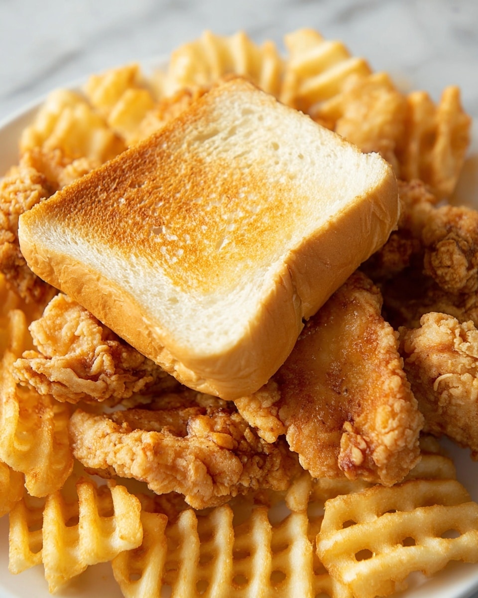The image shows a close-up of a dish with three main parts: a toasted bread roll, fried chicken pieces, and crinkle-cut fries. The bread roll is placed in the middle and has a golden-brown crust on top with a soft, light inside. Surrounding the bread roll, there are golden, crispy fried chicken pieces with a rough crunch texture. Under and around these, crinkle-cut fries are spread, showing a light yellow color with a slightly crispy texture. All of this is on a white plate with a white marbled background. Photo taken with an iphone --ar 4:5 --v 7