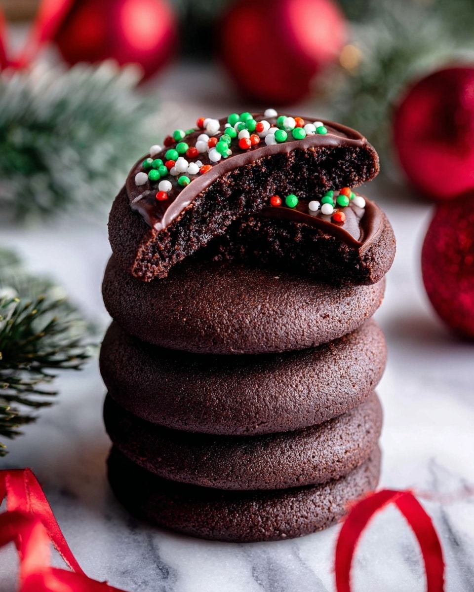 A stack of five dark chocolate cookies is shown, each cookie thick and slightly rounded with a soft texture. The top cookie is broken in half, revealing a rich, glossy chocolate layer on its surface, decorated with small round sprinkles in green, red, white, and orange colors. The middle cookies are plain, showing a matte, dense dark brown texture. The stack is placed on a white marbled surface, with blurred red Christmas ornaments and green pine tree branches in the background, and a red ribbon curling at the bottom left corner. photo taken with an iphone --ar 4:5 --v 7