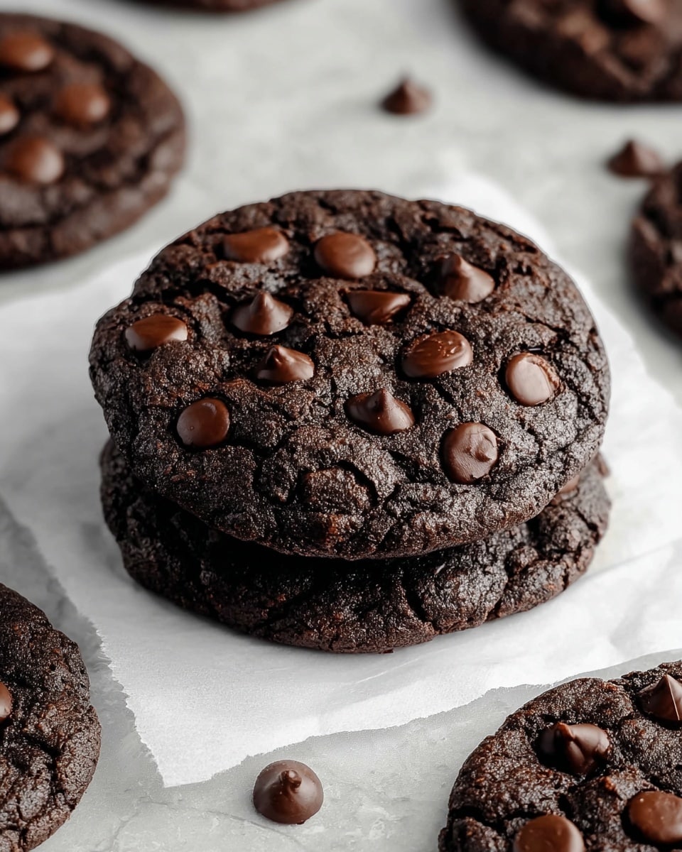 The image shows a stack of two large, dark chocolate cookies on a piece of white parchment paper, placed on a surface with a white marbled texture. Each cookie has a rough, cracked surface full of shiny, slightly melted chocolate chips scattered evenly across the top. Around the stack, more cookies with the same texture and chocolate chips sit partially visible, creating a cozy, fresh-baked look. The dark cookies contrast well against the bright white parchment and marbled surface. photo taken with an iphone --ar 4:5 --v 7