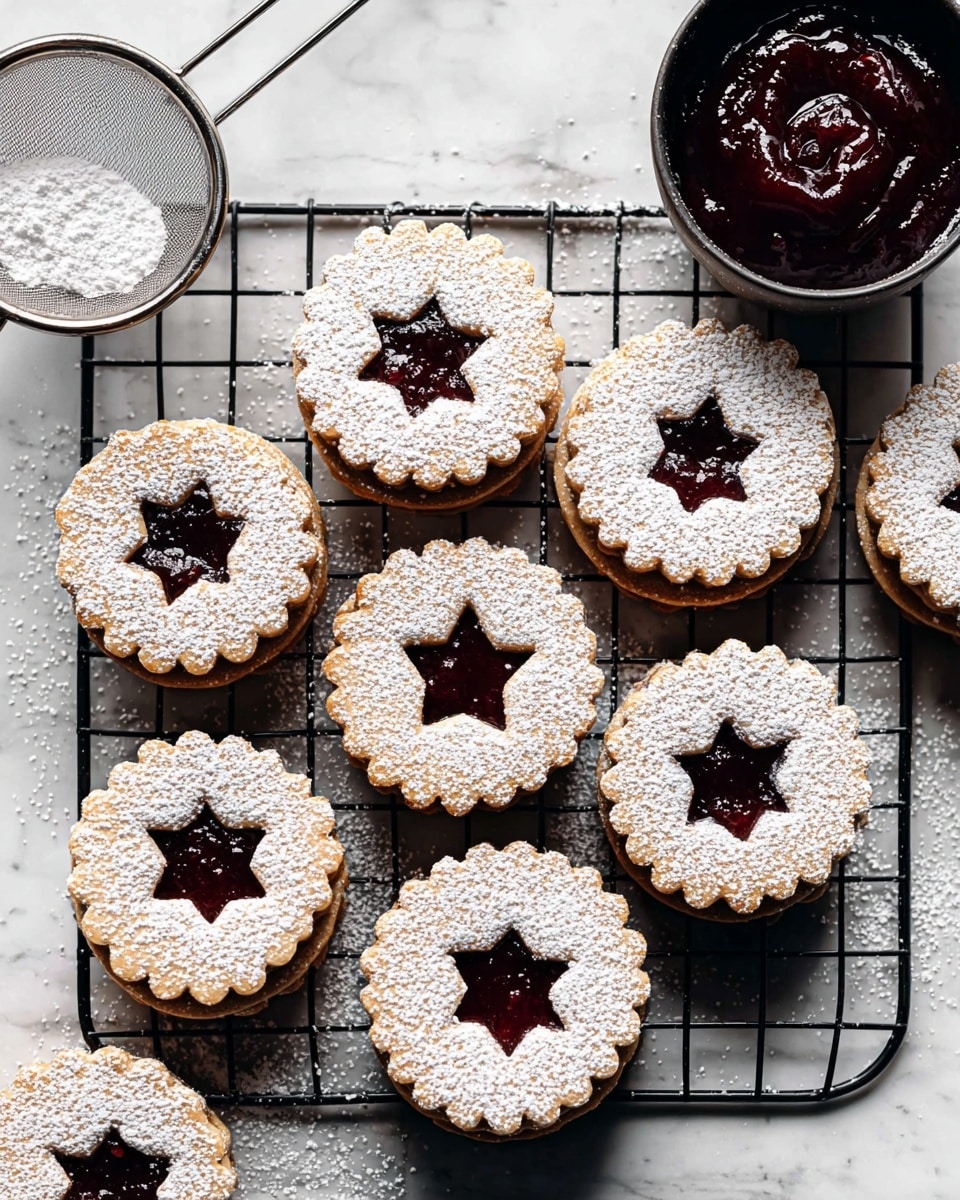 A group of round, sandwich-style cookies arranged on a black wire cooling rack over a white marbled surface, each cookie has two light brown biscuit layers with scalloped edges, topped with powdered sugar, and the top biscuit features a star-shaped cutout showing glossy dark red jam in the center. To the top right of the rack, a small black bowl holds a thick, dark red sauce, and to the top left, a metal sieve with powdered sugar inside rests on the surface. photo taken with an iphone --ar 4:5 --v 7