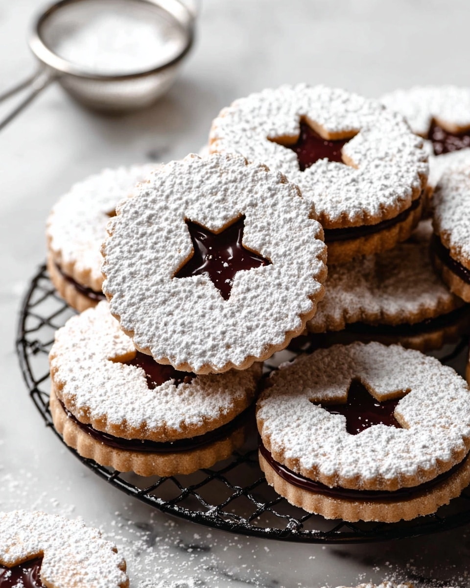 The image shows several round sandwich cookies with scalloped edges, stacked and spread on a round black cooling rack. Each cookie consists of two light brown layers dusted generously with white powdered sugar on top. The top cookie of each sandwich has a star-shaped cutout in the center, revealing a smooth, dark chocolate filling inside. The whole scene is set on a white marbled surface with a metal sieve filled with powdered sugar slightly blurred in the background. Photo taken with an iphone --ar 4:5 --v 7