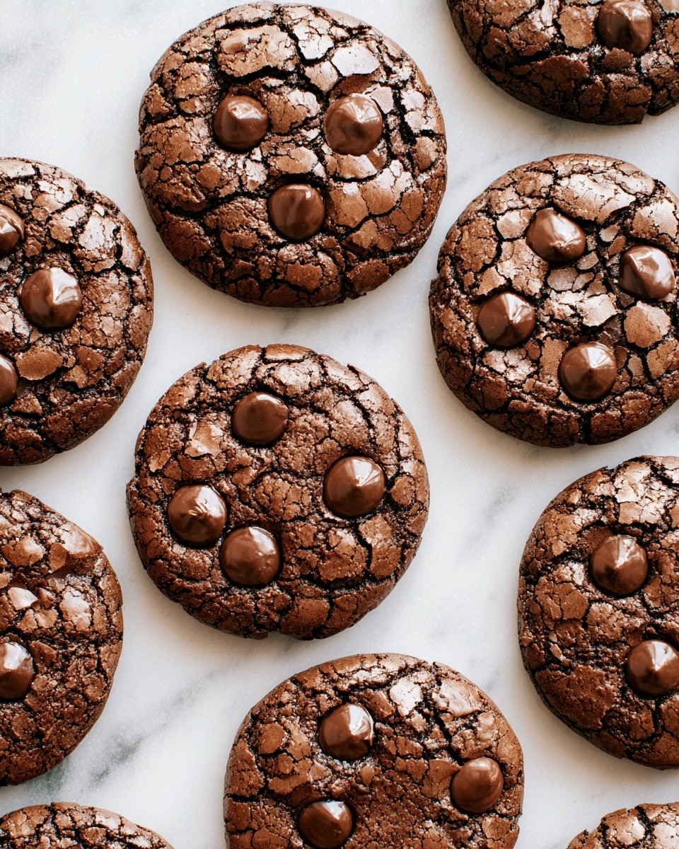 The image shows a close-up of multiple round chocolate cookies arranged in a scattered pattern on a white marbled surface. Each cookie has a cracked, shiny, and slightly textured dark brown surface with a soft, moist look. Several large, glossy chocolate chips are embedded on top of each cookie, adding a rich, darker brown color contrast with smooth, rounded shapes. The cookies appear thick and chewy, evenly spaced with soft shadows between them. photo taken with an iphone --ar 4:5 --v 7
