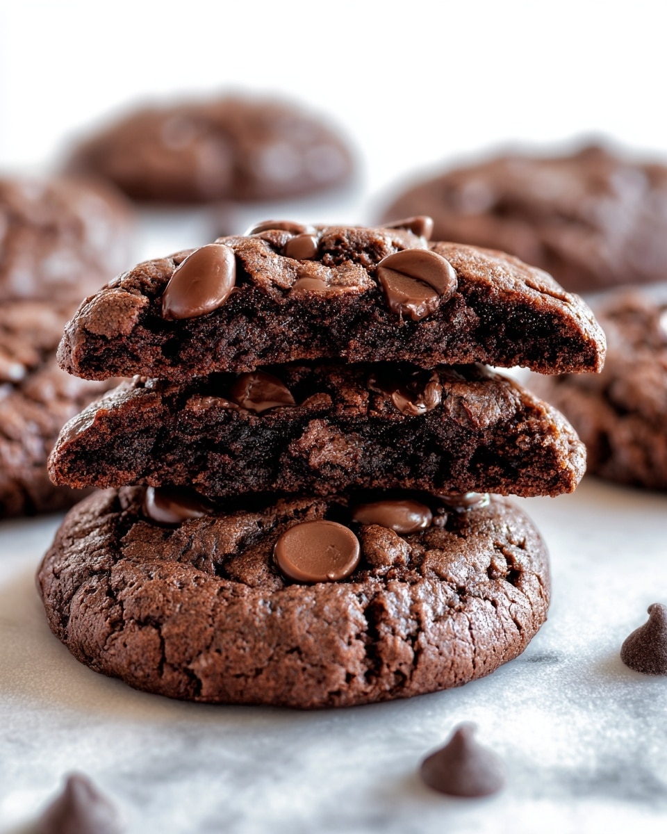 A close-up image of soft chocolate cookies placed on a white marbled texture, with the main focus on a stack of one whole cookie at the bottom and one broken cookie split into two halves resting on top. The cookies are dark brown with a slightly cracked surface, studded with large, glossy dark chocolate chips that appear smooth and shiny. The inside of the broken cookie shows a moist, dense crumb with melted chocolate bits. Additional cookies in the background are slightly out of focus, enhancing depth in the image. Photo taken with an iphone --ar 4:5 --v 7