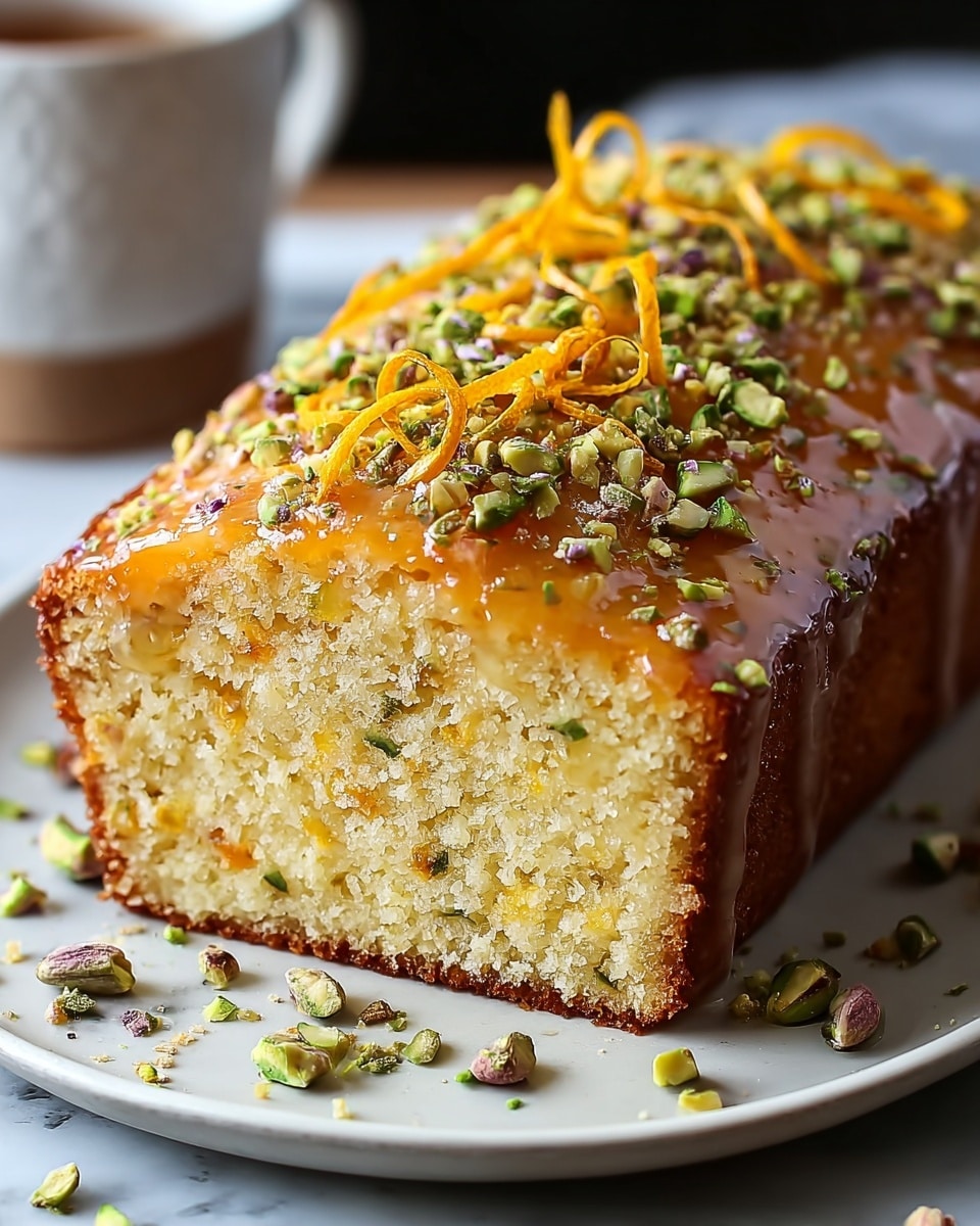 A rectangular slice of moist cake with a light yellow crumb containing small orange bits, covered on top with a shiny orange glaze layer, garnished with chopped green pistachios and thin curly orange zest strips spread evenly; the cake sits on a white plate with scattered pistachios around it, all placed on a white marbled surface, the photo taken with an iphone --ar 4:5 --v 7