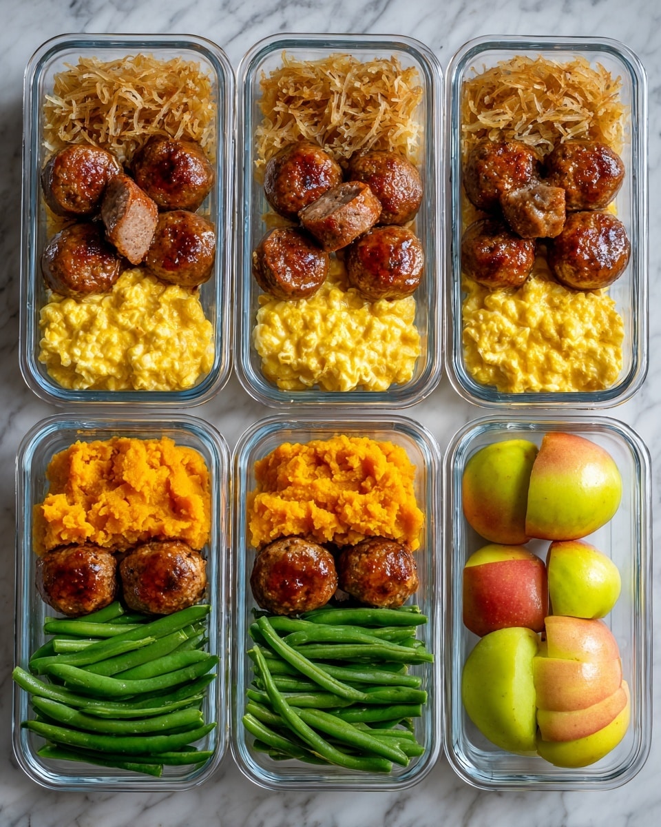 The image shows eight clear rectangular glass meal prep containers arranged in two rows on a white marbled surface. The top row contains four containers, each with two brown sausage links at the bottom, a layer of yellow scrambled eggs in the middle, and topped with a layer of lightly browned hashbrowns with a rough, shredded texture. The bottom row has four containers, each divided into three layers: bright orange mashed sweet potatoes covering half of the container, four glazed meatballs with a shiny brown coating placed above the sweet potatoes, and vibrant green beans arranged neatly at the bottom. Below the containers is a neat line of four yellow apples, alternating with four blue RXBAR protein bars. Photo taken with an iphone --ar 4:5 --v 7