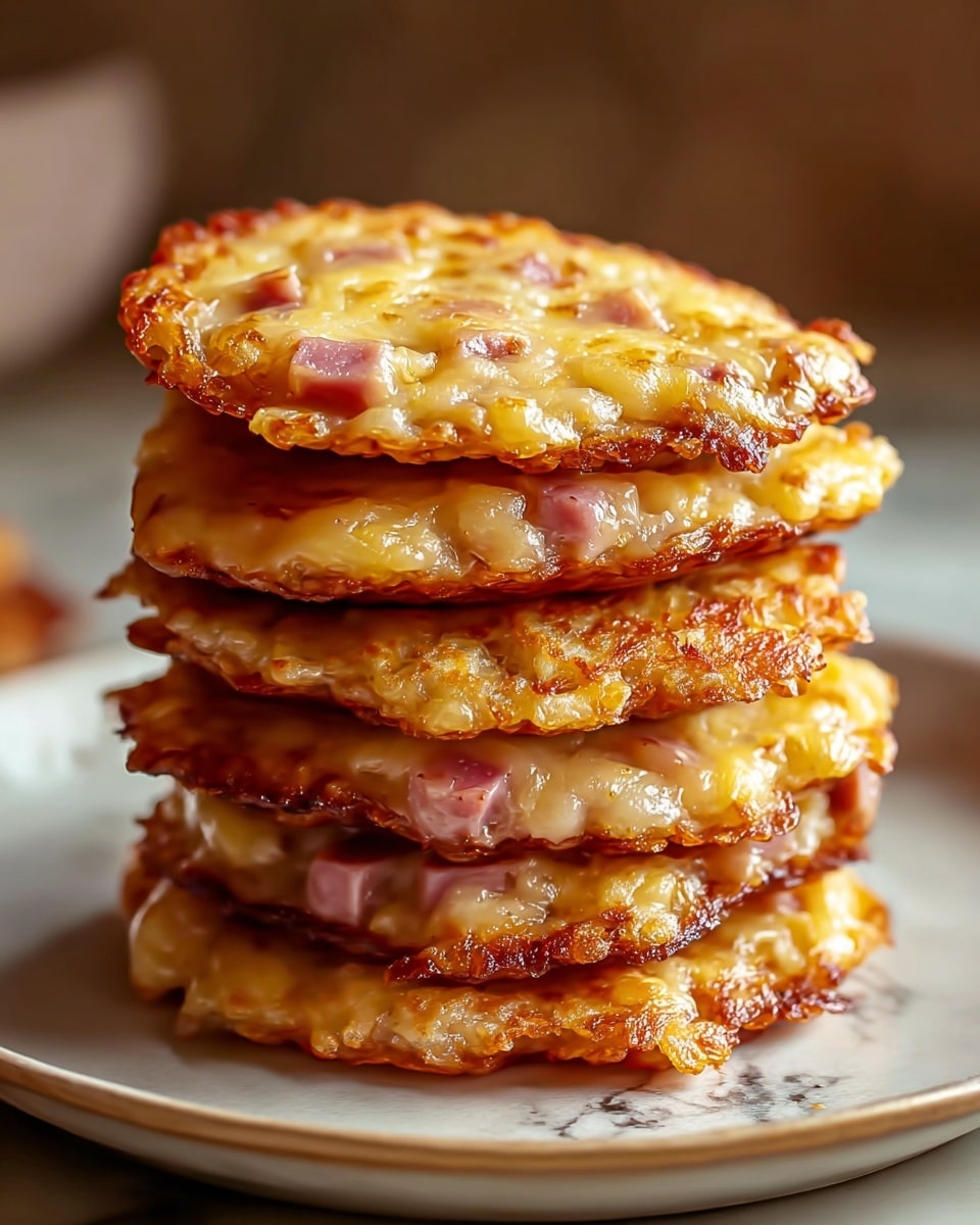 A stack of seven crispy, golden-brown mini pancakes sits piled high on a white plate, each pancake studded with small pink chunks of ham and melted yellow cheese that glistens warmly across the surface, creating a gooey texture. The edges of each pancake are uneven and crunchy, showing a slight darker brown hue from frying, with the layers slightly uneven, revealing the thickness of each pancake. The background is blurred with a soft, warm tone, and the plate rests on a white marbled texture. photo taken with an iphone --ar 4:5 --v 7