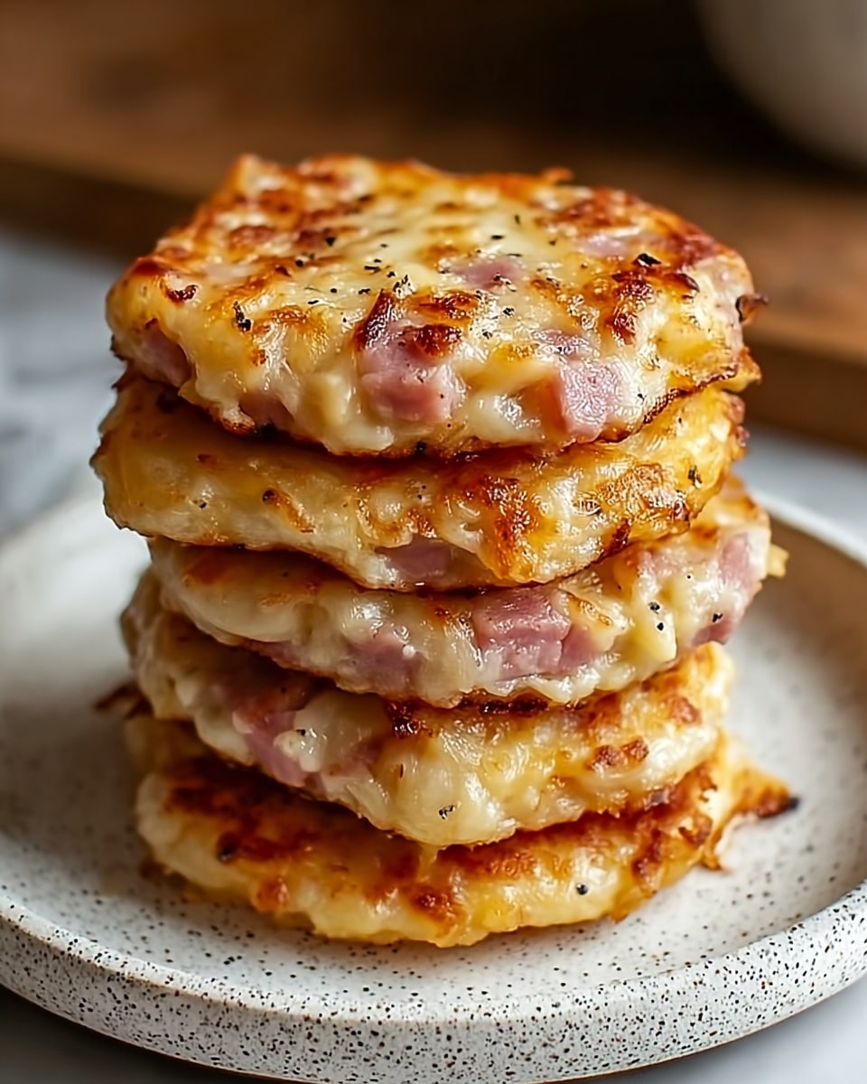 A stack of four mini ham and cheese pancakes sits on a white speckled plate with a rough texture. Each pancake is thick and round, showing a golden-brown crust that looks slightly crispy on the edges. The pancakes have visible pieces of pink ham and melted white cheese throughout, with small black pepper specks on top, creating a textured and cheesy appearance. The background shows a soft focus with warm tones and the plate is placed on a white marbled surface. Photo taken with an iphone --ar 4:5 --v 7