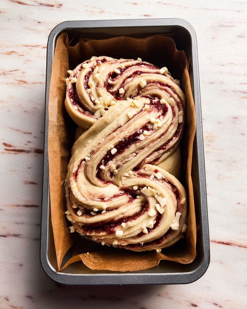 Inside a grey metal loaf pan lined with brown parchment paper, a twisted dough pastry is placed. The pastry has about three visible layers of light beige dough, each swirled with dark red jam-like filling, creating an S-shape with curved loops. On the top, small white chunks are sprinkled evenly, adding texture and contrast. The loaf pan sits on a white marbled surface with faint grey veining. photo taken with an iphone --ar 4:5 --v 7
