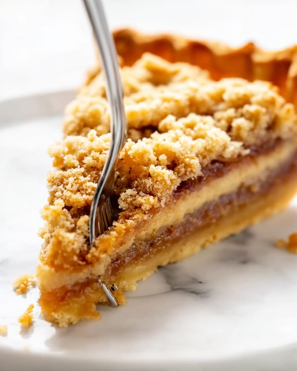 A close-up view of a slice of pie with three distinct layers: a golden brown crumbly topping on the top, a thick middle layer with a textured, soft, light brown filling showing small darker stripes, and a firm, golden crust at the bottom. A shiny silver fork is pressing into the crumbly top layer near the edge of the slice. The pie slice is resting on a white marbled surface. photo taken with an iphone --ar 4:5 --v 7