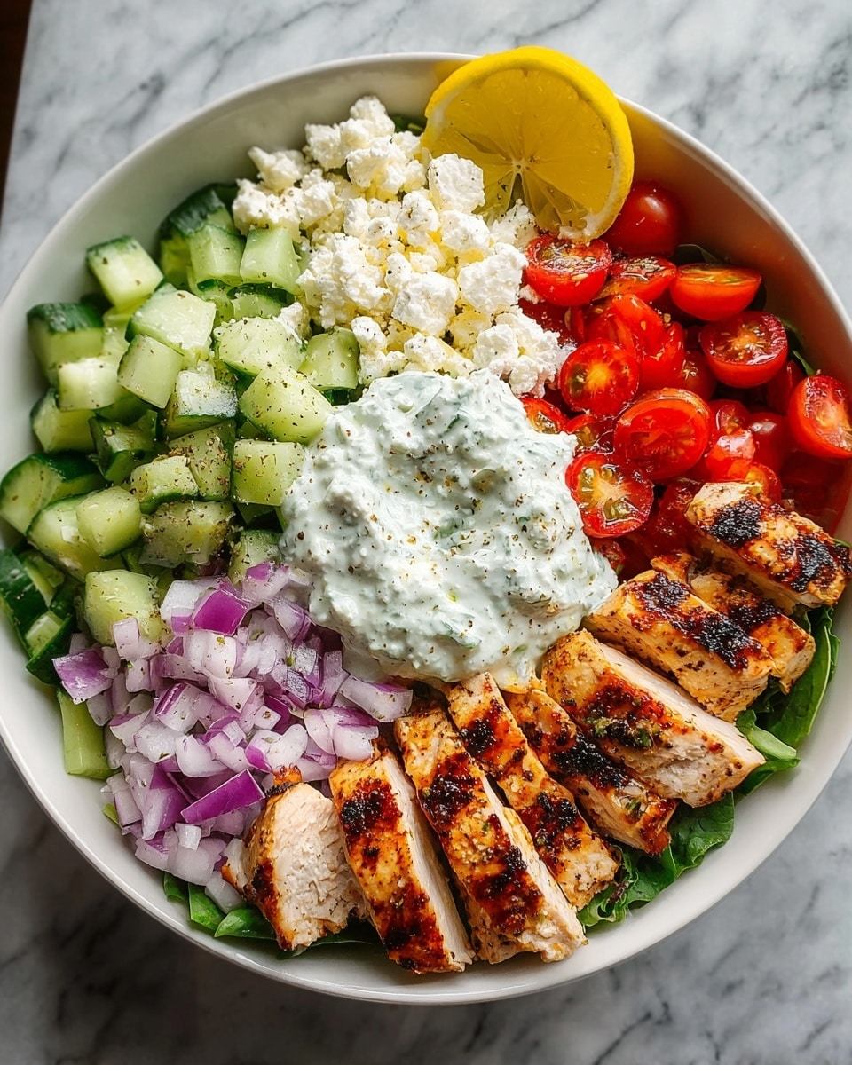 A white bowl filled with a colorful layered salad sits on a white marbled surface. At the base, there is a green leafy layer. Sliced grilled chicken, golden-brown with black grill marks, is placed on one side. Next to the chicken, diced green cucumber cubes form a fresh layer, followed by chopped purple onions. Plump cherry tomato halves create a bright red section on the other side. Crumbled white feta cheese is scattered over the salad, along with a dollop of creamy white tzatziki sauce in the center. A wedge of yellow lemon rests on the edge of the bowl. The overall look is fresh and vibrant with clear texture contrasts. Photo taken with an iphone --ar 4:5 --v 7