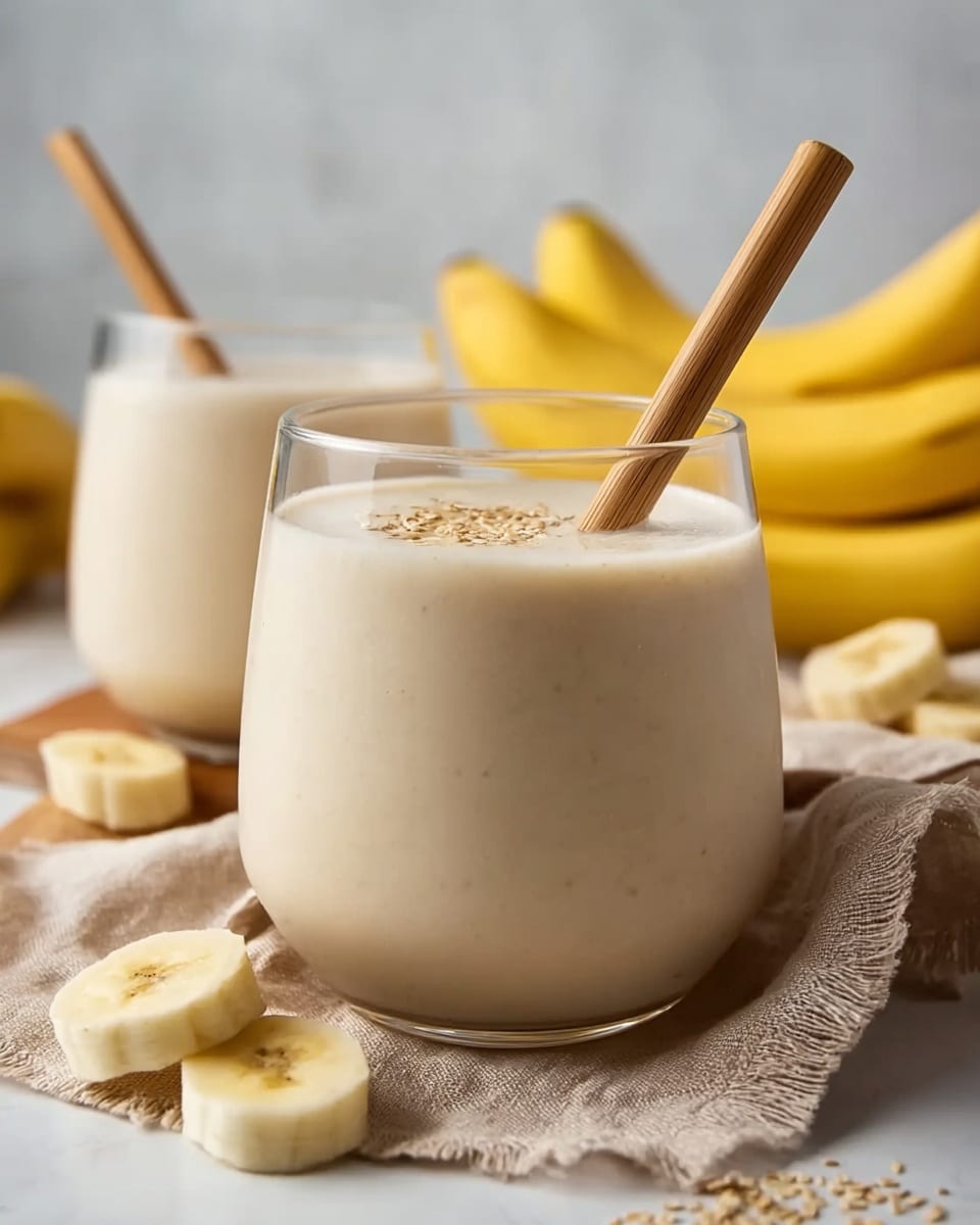 A close-up of two clear glasses filled with creamy, light beige banana smoothie. Each glass has a light brown wooden straw placed inside. Around the glasses, there are slices of fresh banana with light yellow flesh and small brown seeds. The scene is set on a soft light brown cloth on a white marbled surface, with a bunch of whole yellow bananas in the soft-focused background. The second glass is partly visible behind the main glass. Photo taken with an iphone --ar 4:5 --v 7