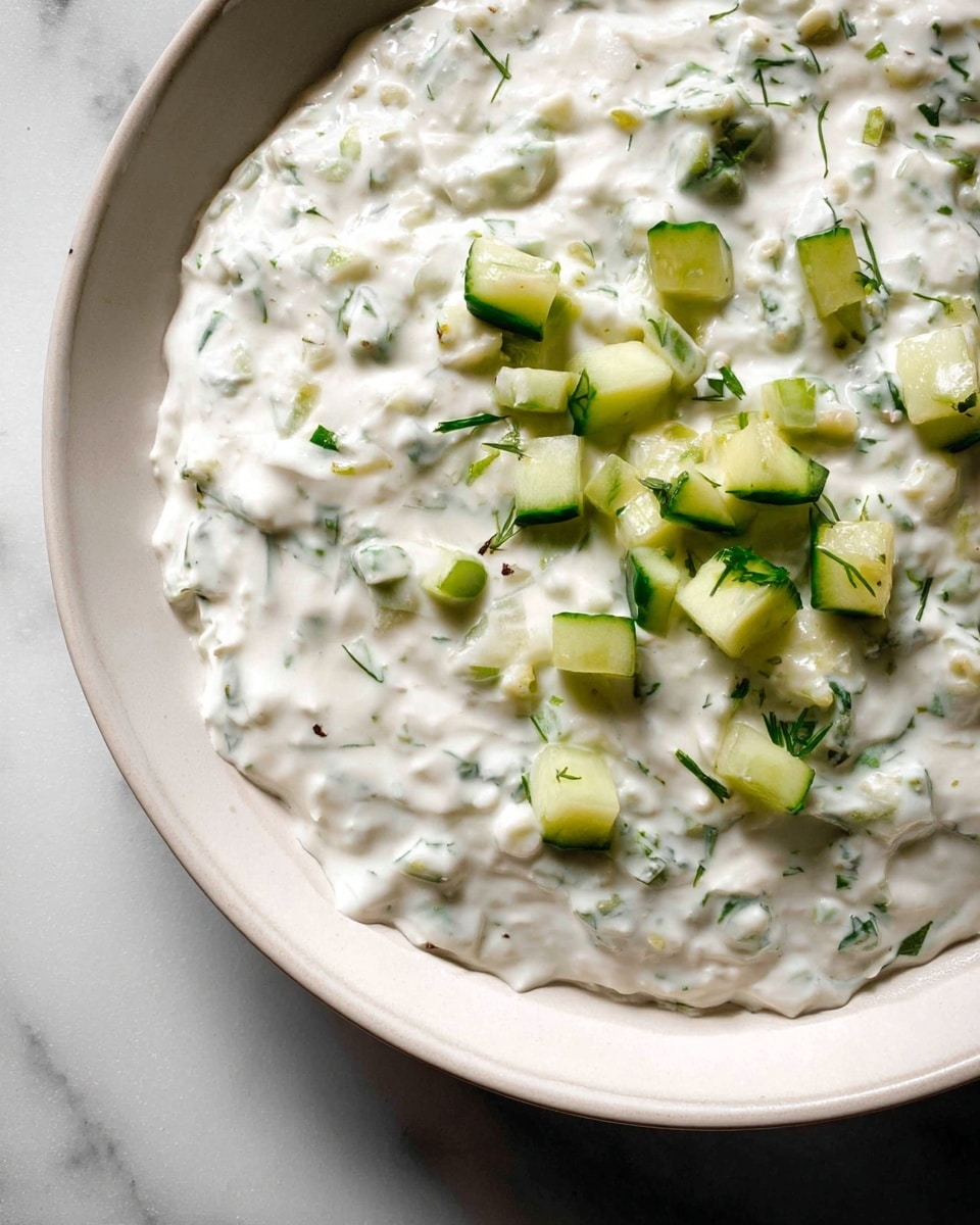 A close-up view of a single layer of creamy white sauce mixed with small green herb pieces spread evenly in a shallow white plate, topped with scattered small cubes of light green cucumber adding texture and color contrast, all set on a white marbled surface with soft natural lighting highlighting the sauce's smooth and thick texture. photo taken with an iphone --ar 4:5 --v 7