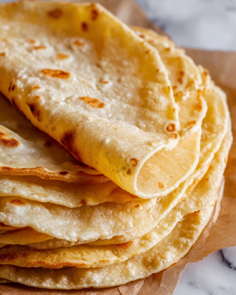 The image shows a close-up of a stack of six or seven thin tortillas folded in half, placed on parchment paper. Each tortilla is light golden brown with some parts slightly more toasted, showing small bubbles and smooth textures. The tortillas are layered neatly over one another, with the top tortilla slightly lifted to show its soft, slightly uneven surface. The background has a white marbled texture visible on the sides. photo taken with an iphone --ar 4:5 --v 7