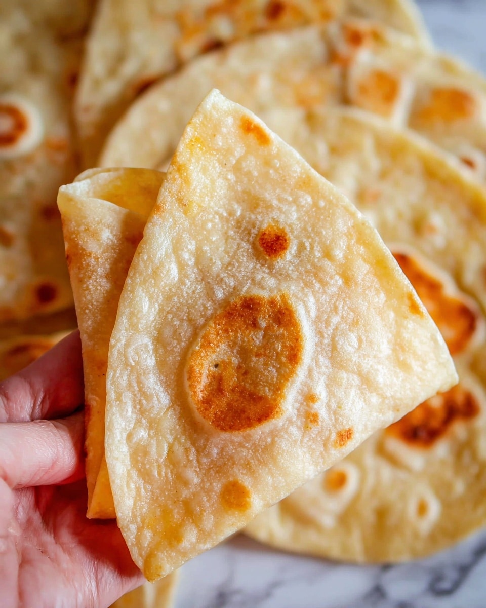 A close-up image shows a few light golden-brown tortillas stacked, with one tortilla folded and held lightly by a woman's hand at the bottom left corner. The tortillas have slightly uneven toasted spots in darker golden and light brown shades, giving them a soft and slightly crisp texture. The background shows more tortillas with similar texture and color, all placed on a white marbled surface. The visible tortillas have subtle puffed bubbles and smooth, slightly oily surfaces. Photo taken with an iphone --ar 4:5 --v 7
