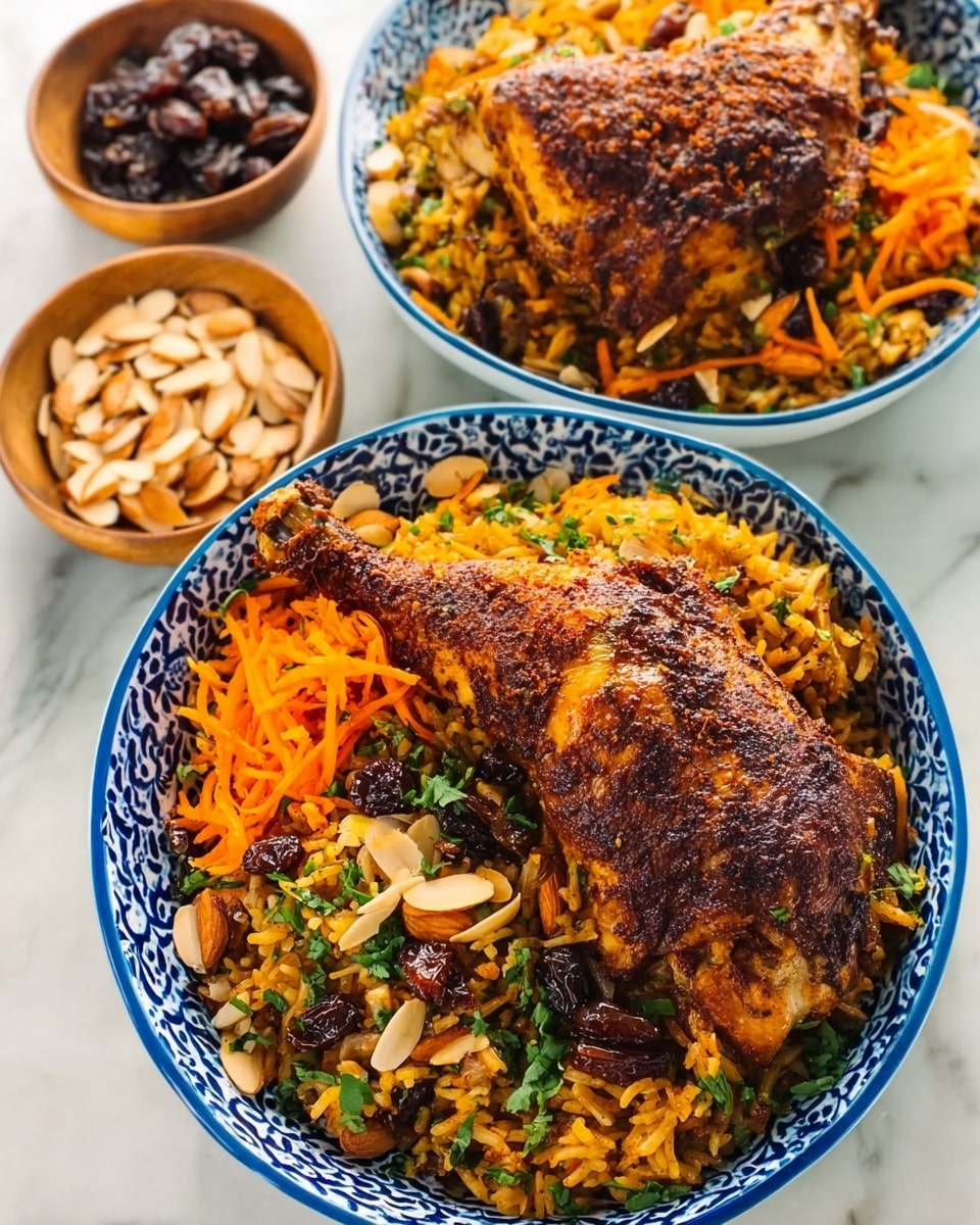 Two white bowls with blue patterns hold a layered dish. At the bottom, there is golden-brown cooked rice mixed with small green herbs and some nuts. On top of the rice, there are bright orange shredded carrots scattered around. Dark brown raisins and light brown slivered almonds are sprinkled on the carrots. A large, well-cooked chicken leg with a golden, slightly crispy skin covered in rich reddish-brown spices rests on each bowl. The bowls sit on a white marbled surface. Nearby, two small bowls contain more slivered almonds and dark raisins. photo taken with an iphone --ar 4:5 --v 7