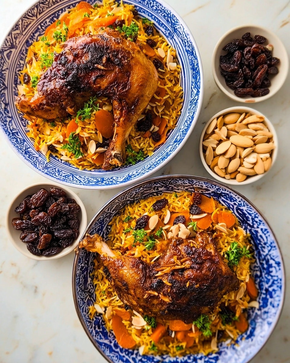 Two white bowls with blue patterns are filled each with a large roasted chicken leg placed on top. Beneath the chicken there are layers of yellow-orange rice mixed with thin orange carrot strips, dark raisins, and slivered light brown almonds, all scattered evenly. The dishes are garnished with small sprigs of green herbs, adding fresh color contrasts. Around the bowls, a small white bowl holds dark raisins and a light white bowl contains slivered almonds. The setting is on a white marbled textured surface. Photo taken with an iphone --ar 4:5 --v 7
