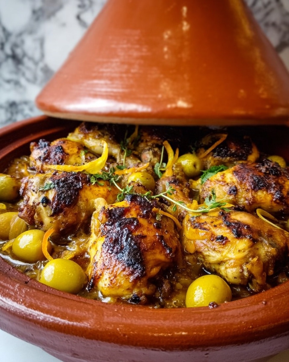 The image shows a close-up of a traditional Moroccan tagine with a brown clay pot and a matching conical lid slightly lifted, revealing the dish inside. The dish contains several pieces of cooked chicken with a golden brown, slightly charred skin on the top layer. Below and around the chicken, there is a rich sauce with visible chunks of yellow lemon slices, green olives, and some small pieces of onion or garlic. The sauce looks thick and glossy, enveloping the chicken pieces. The pot sits on a white marbled surface. Photo taken with an iphone --ar 4:5 --v 7