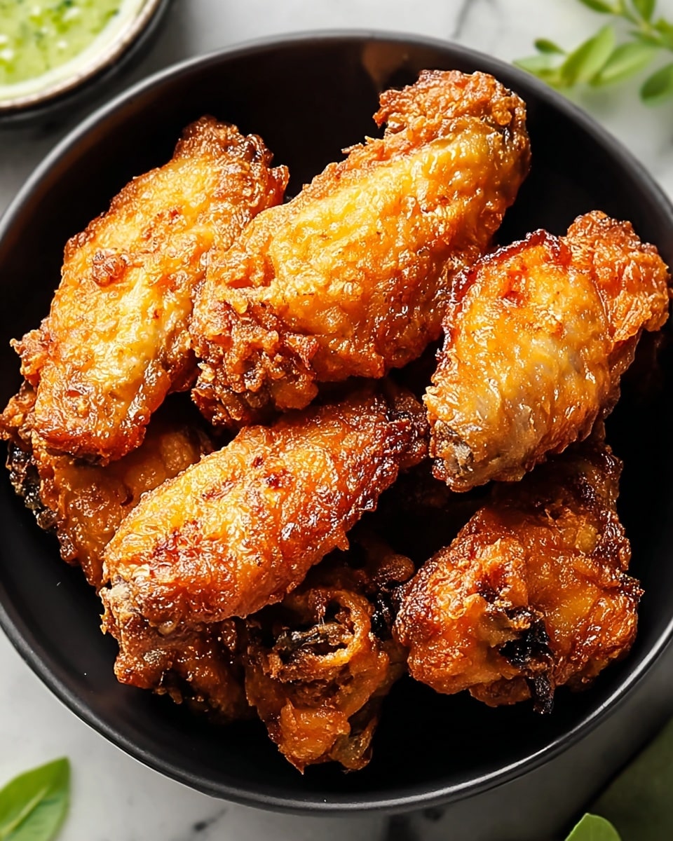 A black bowl filled with seven pieces of fried chicken wings stacked closely together, each wing showing a golden-brown crispy texture with small bubbles and crunchy edges, the wings are arranged to fill the bowl fully, with slight dark browned areas on the tips of the wings, the background is a white marbled texture with a small part of a green sauce dish visible in the upper left corner and some green leaves scattered around. photo taken with an iphone --ar 4:5 --v 7