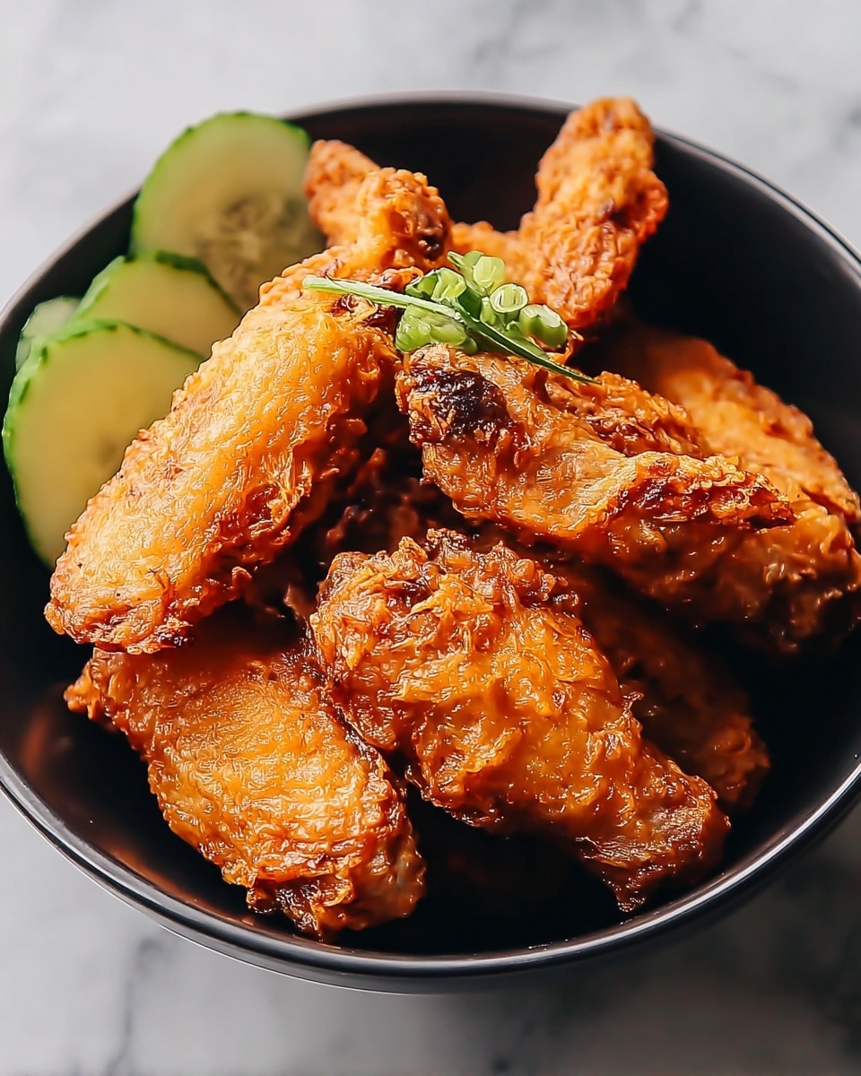 A bowl filled with several pieces of golden, crispy fried chicken wings, each wing showing a bumpy, crunchy texture. The wings are stacked with some overlapping, the color a rich, warm orange-brown. On one side of the bowl, there are a few slices of fresh green cucumber, thin and bright, adding contrast. The bowl itself is a simple black, the food arranged neatly inside. The whole scene is set on a white marbled surface with soft natural lighting. photo taken with an iphone --ar 4:5 --v 7