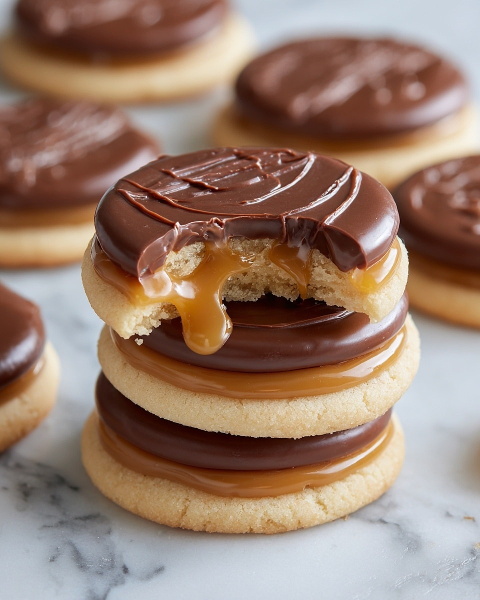 A stack of four round cookies with three visible layers: the bottom layer is a smooth, pale beige cookie, the middle layer is a shiny, golden caramel spread covering the cookie, and the top layer is a circle of smooth milk chocolate with a light swirl pattern; the top cookie has a bite taken out of it, showing the soft texture inside and a slight drip of caramel on the side. The cookies are placed on a white marbled surface with more cookies blurred out in the background. photo taken with an iphone --ar 4:5 --v 7