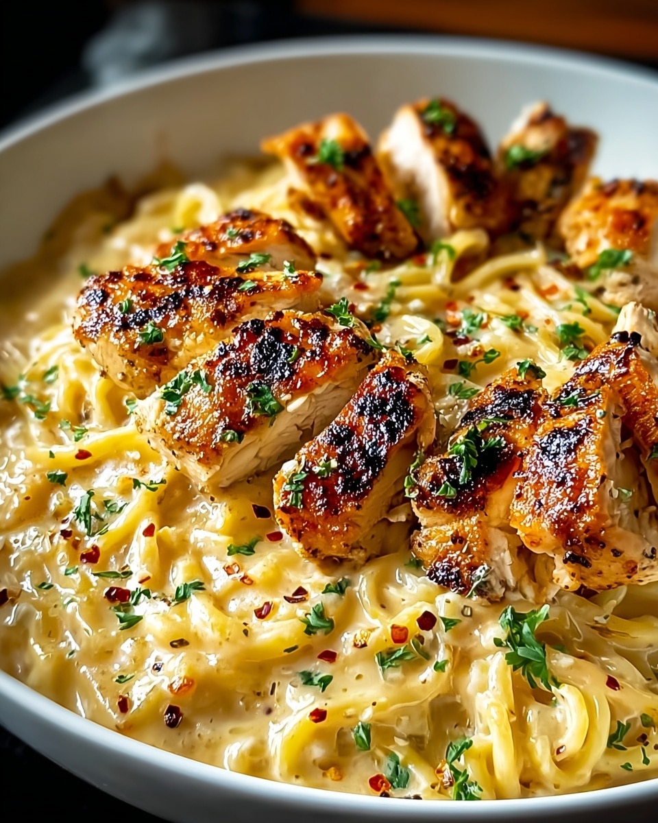 A bowl of creamy chicken and pasta with five pieces of golden brown grilled chicken layered on top of a bed of thick creamy alfredo pasta, with each piece showing charred grill marks and sprinkled with fresh green herbs. The pasta layer is a rich pale yellow color, creamy and coated in sauce, scattered with small bits of black pepper and red chili flakes. The bowl is white, and steam is rising gently from the warm dish, enhancing the soft texture and rich sauce around the pasta strands, garnished lightly with chopped parsley. Photo taken with an iphone --ar 4:5 --v 7